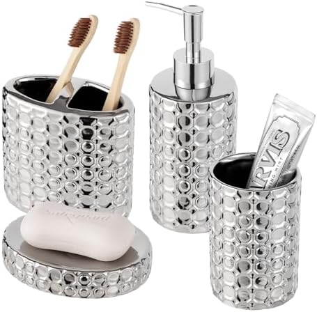 Silver Bathroom Accessories Set, 4 Piece Ceramic Honeycomb Design, Soap Dispenser Pump, Tumbler, Toothbrush Holder, Soap Dish