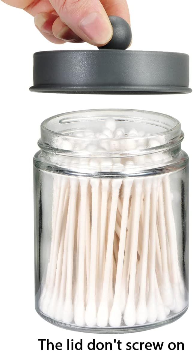 Amolliar 6 Pack Apothecary Jars Bathroom Organizer - Rustic Farmhouse Decor Qtip Holder with Stainless Steel Lids - Glass Bathroom Storage Canisters for Cotton Swabs, Rounds, Balls, Flossers (Grey)