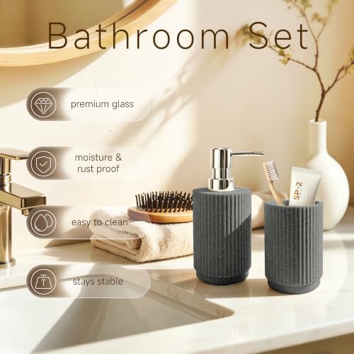 2Pcs Gray Bathroom Set, Striped Resin Soap & Toothbrush Holder, Boho