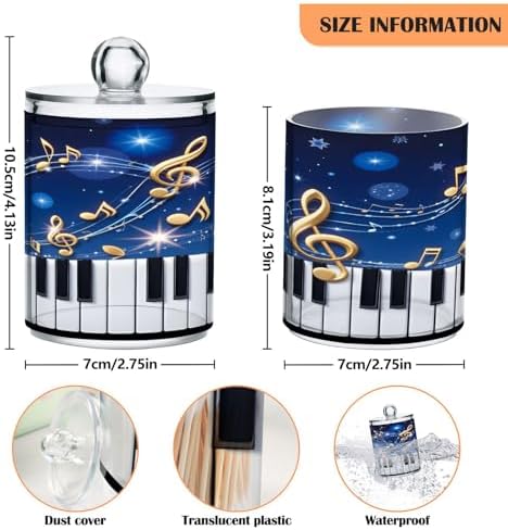 ALAZA Piano Key Music Note Blue 4 Pack Qtip Holder Dispenser for Cotton Swabs, Balls, Pads, Floss 10 oz Plastic Canister Organizer