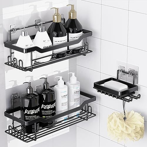 Shower Caddy Shelves Organizer, 3 Pack with Soap Holder, No Drilling Wall Mounted Self Adhesive Shelves, Matte Black