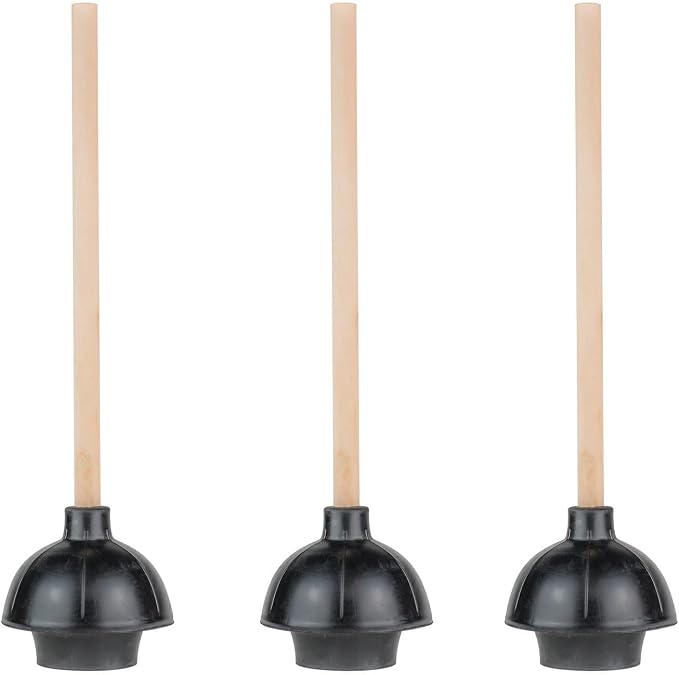 SteadMax 3 Heavy Duty Toilet Plungers, Double Thrust Rubber Cup Wood Handle