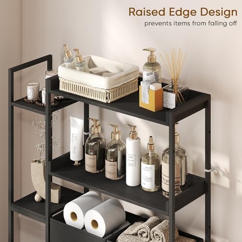 Over The Toilet Storage with 2 Drawers - 7 Tier Bathroom Organizer with Adjustable Shelf, Freestanding Space Saver Storage Rack Above Toilet Stand with Hooks for Small Restroom, Laundry(Black)