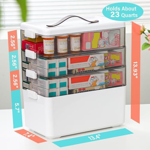Homaigie Extra Tall 4-Tier Medicine Cabinet Organizer for Medicine Bottles Organizer, Portable Medicine Storage Box with Leather Handle, Empty First Aid Kit Container for Home, Classroom