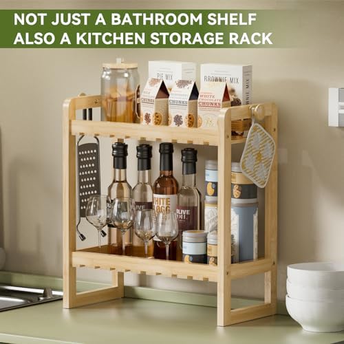 AmazerBath Bamboo Over The Toilet Storage Shelf - 2-Tier Bathroom Organizers and Storage Shelves, 2 in 1 Dual Stable Above Over Toilet Bamboo Shelf Home Storages Rack for Small Bathroom, Space Saver