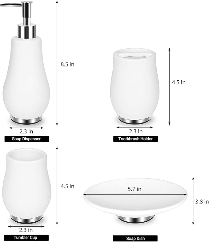 RQYIXI Ceramic 4-Piece Bathroom Accessories Set, White, Tulip Design | ceramic tulip-inspired curved design with stainless steel base modern countertop organization