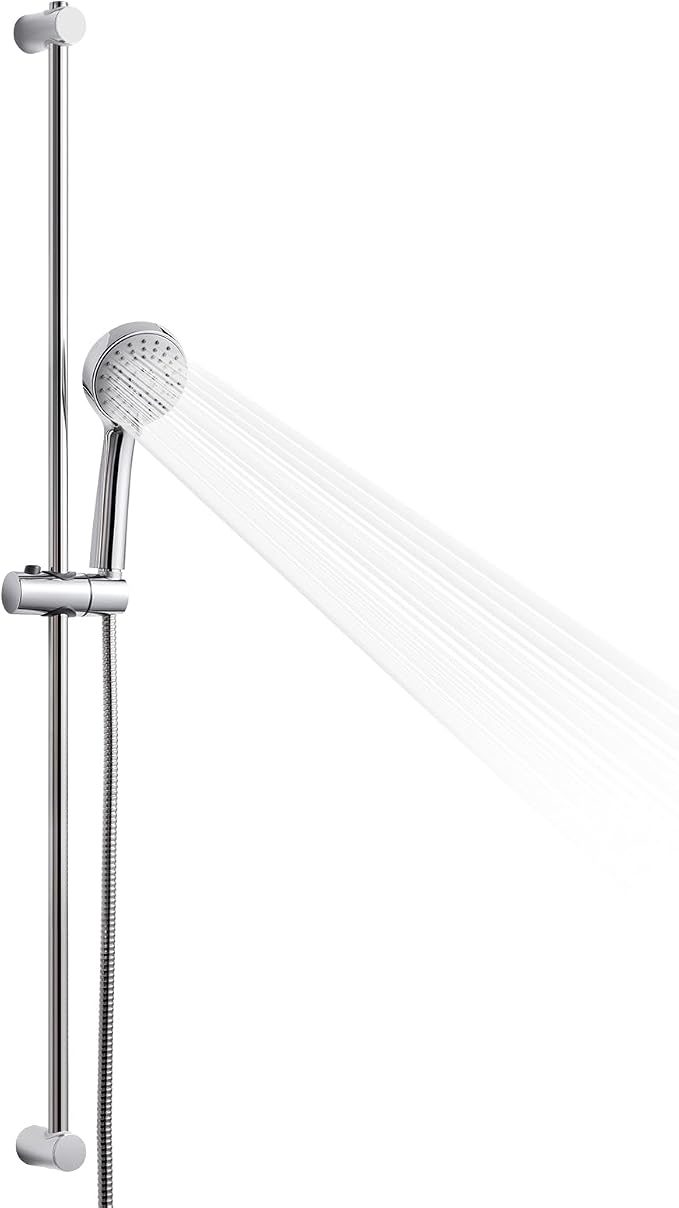 OFFO Shower Slide Bar Combo, Adjustable 39 in Slide Bar with 3-Mode Round Handheld Shower Head and 60 in Stainless Steel Hose, Screw Wall Mounted, Chrome Finish