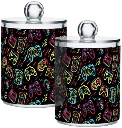 ALAZA Colorful Neon Gamepad Funny 2 Pack Qtip Holder Dispenser for Cotton Swabs, Balls, Pads, Floss 10 oz Plastic Canister Organizer