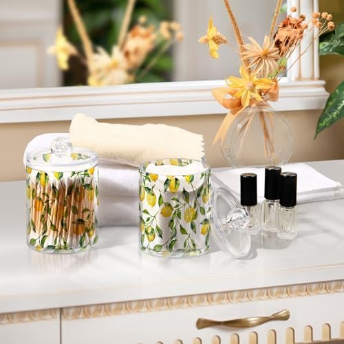 ALAZA 4pcs Watercolor Lemon Leaf Qtip Holder Dispenser 14 oz Bathroom Storage Clear Apothecary Jars Containers Cotton Ball,Cotton Rounds,Floss Picks, Hair Clips, Food