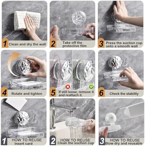 Soap Dish Holder Suction Cup, Wall Mounted Self Draining Soap Case & Sponge Rack, No Drilling Suction Bar Soap Holder for Bathroom, Kitchen Sink