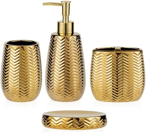 Bathroom Accessories Set 4 Pcs, Gold Ceramic Bathroom Accessories Complete with Soap Dispenser, Toothbrush Holder, Bathroom Tumbler, and Soap Dish - Modern Bathroom Decor