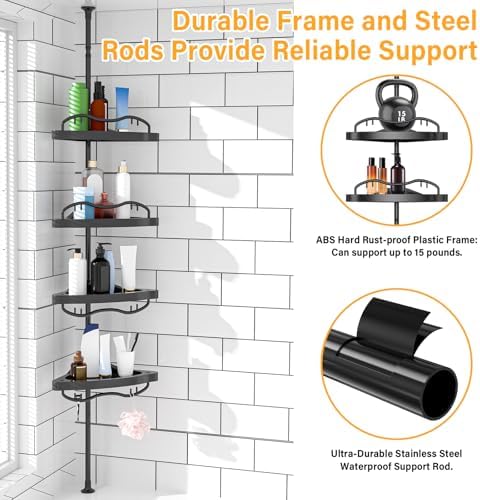 Black Corner Shower Caddy Tension Pole - Heavy Duty Rustproof Stainless Steel Shower Organizer with 4 Adjustable Shelves, No-Drill Free Standing for Bathroom, Bathtub, RV,54" to 114" Tall