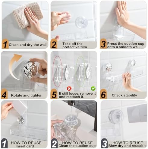 Shower Caddy Suction Cup, Wall Mounted Suction Shower Rack Organizer, No Drilling Clear Shelf Basket with 4 Movable Hooks, Bathroom Storage Rack Suitable for Smooth Walls