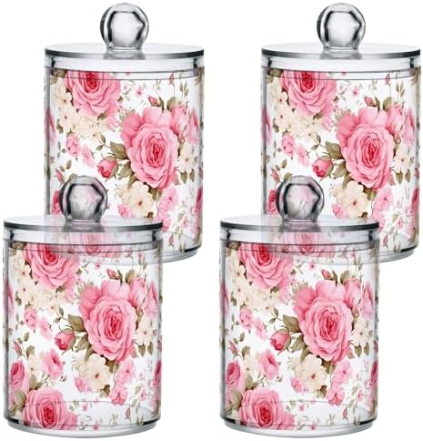 4 Pack Qtip Holder Dispenser Pink Roses Apothecary Jars Bathroom Canister for Cotton Pads, Cotton Ball, Cotton Swabs, Floss Picks 10 Oz