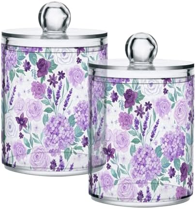 ALAZA Violet Hydrangea Flower Cartoon 4 Pack Qtip Holder Dispenser for Cotton Swabs, Balls, Pads, Floss 10 oz Plastic Canister Organizer
