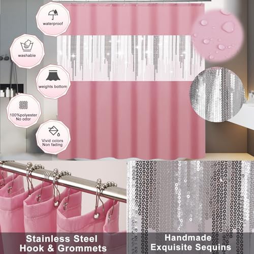 Pink Bathroom Accessories Set with Glitter Shower Curtain and Rugs,Bathroom Sets with Extra Soft and Absorbent Bath Rugs Sequin Shower Curtain Pink Bathroom Sets for Bath Decor