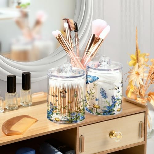 MNSRUU 2 Pack Qtip Holder Organizer Dispenser Spring Wildflowers and Leaf Bathroom Storage Canister Cotton Ball Holder Bathroom Containers for Cotton Swabs/Pads/Floss