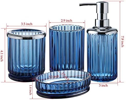 4PCs Heavy Weight Decent Blue Glass Bathroom Accessories Set with Decorative Pressed Pattern - Includes Hand Soap Dispenser & Tumbler & Soap Dish & Toothbrush Holder (Cobalt Blue)