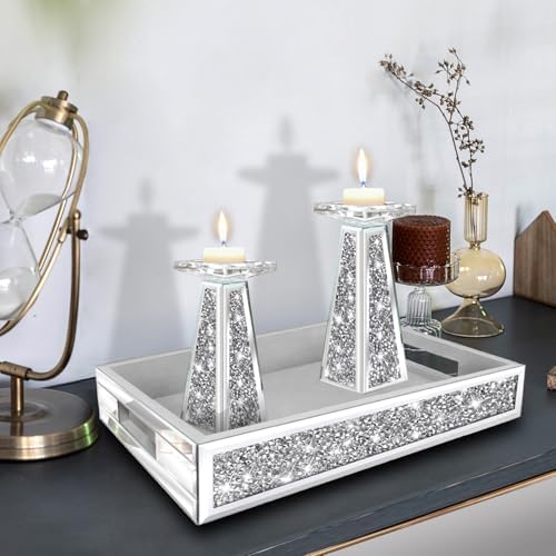 Wocred Mirror Perfume Tray fits Dresser Bedroom,Crushed Diamond Bathroom Tray with Handles，Vanity Tray,Decorative Serving Tray for Coffee Table Decor(14”x 10”x 2.5”)
