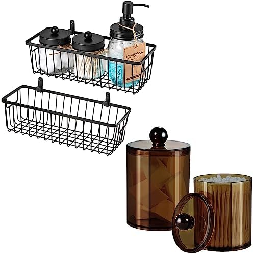 15-ounce Small Plastic Apothecary Jar - Qtip Dispenser Holder Storage Canister Acrylic Jar for Cotton Ball 2 Pack (Bronze) &Farmhouse Decor Metal Wire Bathroom Storage Organizer Basket Bins,2 Pack