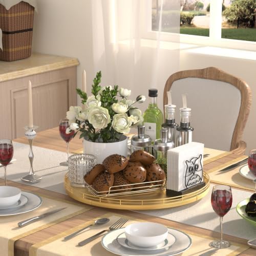 Oroyutor 16-Inch Oak Lazy Susan Organizer with Gold Metal Rail