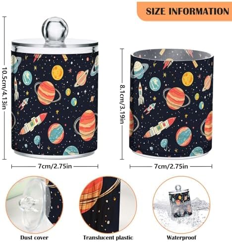 ALAZA Solar System Star Planet Space 4 Pack Qtip Holder Dispenser for Cotton Swabs, Balls, Pads, Floss 10 oz Plastic Canister Organizer