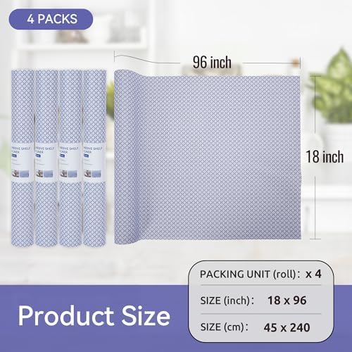 FIFTY FEET 18"x96" Non-Adhesive Shelf Liner for Kitchen Cabinets and Drawers, Washable Non-Slip PVC Cabinet Liner (Blue Circle)(4 Roll)