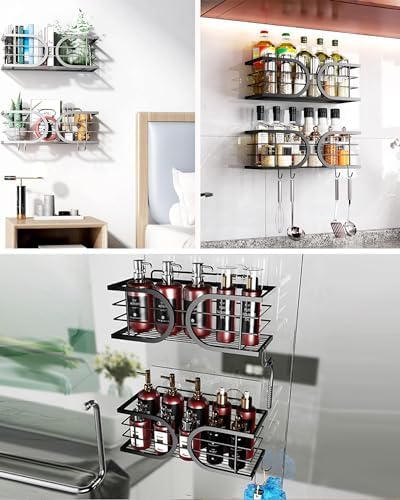 Shower Caddy No Drill Adhesive Wall Mounted SUS304 Stainless Steel Durable Large Capacity Shower Rack Organizer Quick Dry Rustproof Bathroom Storage Shelves - 2 Pack (Black)