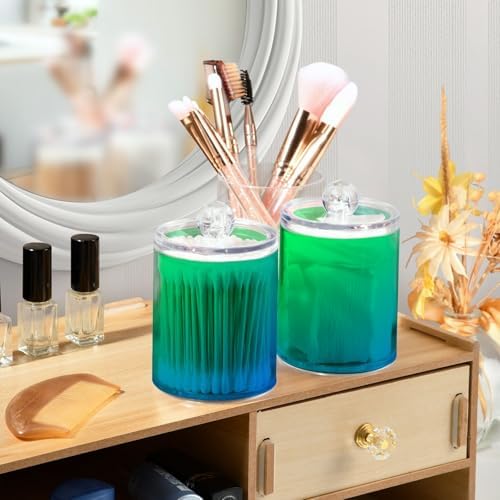 Gredecor 4 Pack Green Blue Gradients Qtip Holder Organizer Dispenser Clear Bathroom Storage Canister Cotton Ball Holder Bathroom Containers for Cotton Swabs/Pads/Floss