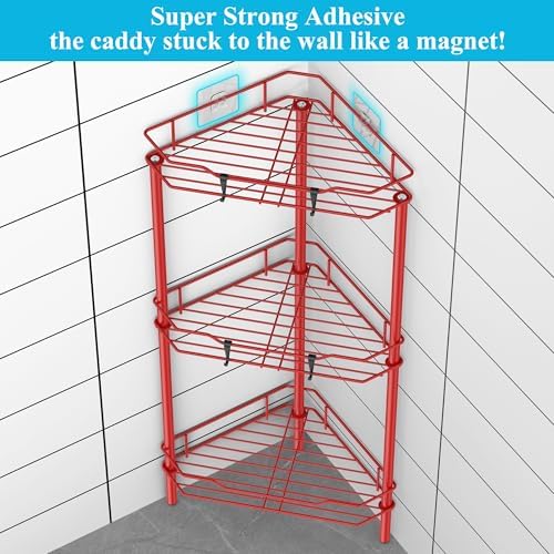 HuggieGems Metal Floor Standing Corner Shower Caddy, Red, 3 Tier