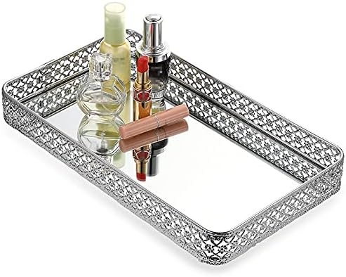 ELLDOO Silver Mirror Glass Perfume & Makeup Vanity Tray, Large Size
