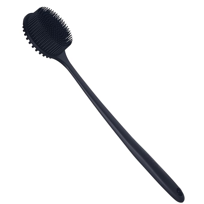 DNC Back Scrubber for Shower Soft Silicone Bath Body Brush with Long Handle (Black)