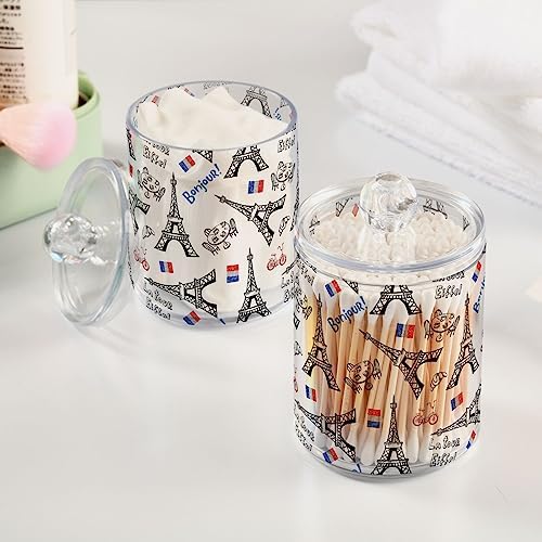 France Paris Tower 4 Pack Plastic Qtips Holder Bathroom Organizer Canisters for Cotton Balls/Swabs/Pads/Floss,Plastic Apothecary Jars for Vanity