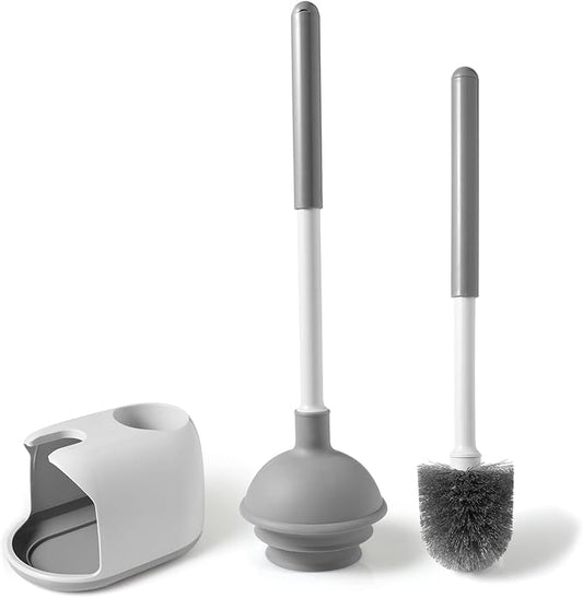 Eyliden Toilet Plunger & Brush Set, 3-Step Suction Cup, Compact Caddy | Space-Saving Toilet Deep Cleaning Combo with Holder, Ultra-Tight Seal, Durable, Nylon Bristles, Bathroom Essentials