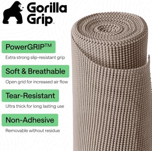 GORILLA GRIP powerGRIP Drawer Shelf and Cabinet Liner, Thick Strong Hold, Non-Adhesive Liners Protect Kitchen Cabinets and Cupboard, Bathroom Drawers, Easy Install Mat, 12" x20', Beige (Pack of 2)