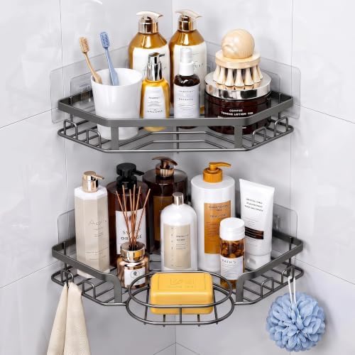 Corner Shower Caddy, Rustproof Shower Organizer with Soap Holder and 8 Hooks, No Drilling Adhesive Shower Shelves for Inside Shower, Large Capacity Shower Rack for Bathroom Shower Storage, Grey