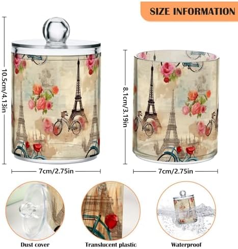 4 Pack Qtip Holder Dispenser with Lids, Eiffel Tower Bicycle Plastic Storage Containers, Bathroom Canisters Organizer for Cotton Swab, Cotton Round Pads, Floss 21215271