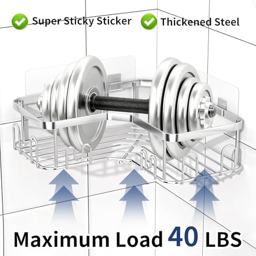 Menbyci 3 Pack Corner Shower Caddy, Adhesive Bathroom Shelves with 18 Hooks, Drill-Free & Quick-Dry Shower Organizer with Large Capacity, Rustproof Stainless Steel Bathroom Corner Storage Rack, Silver