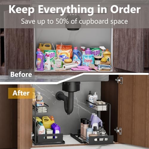 Ceetug Slide Out Under Sink Organizers and Storage, Black, 2 Pack