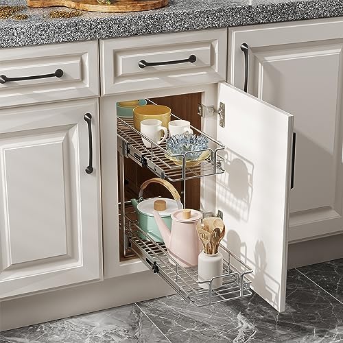 ROOMTEC Pull Out Cabinet Organizer (7½"W x 21½"D),2 Tier Pull Out Storage Shelf Drawer Basket,Sliding Shelves for Base Cabinet Organization in Kitchen, Bathroom, Pantry