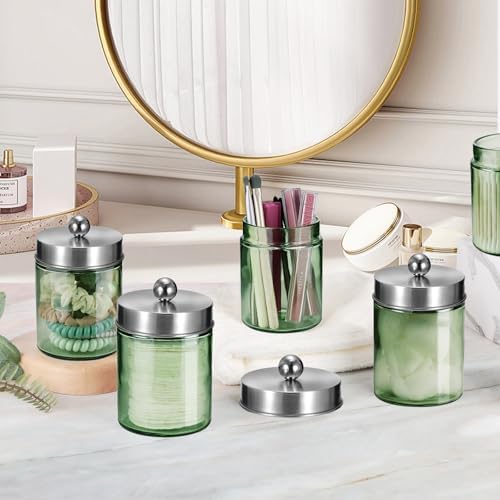 Amolliar Green Glass Apothecary Jar, Qtip Holder(Brushed Nickel 4 Pack)