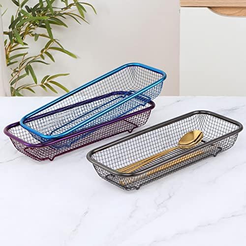 Kitchen Flatware Drawer Organizer, 2pcs Stackable Mesh Cabinet Storage Basket, Stainless Steel Kitchen Utensils Filter Drying Rack Holder for Knives, Fork, Spoon Chopsticks (Purple)