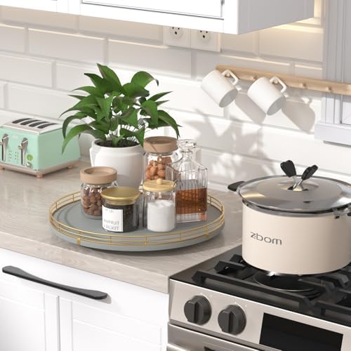 Oroyutor 13-Inch Gray Wooden Lazy Susan Spice Organizer with Gold Rail