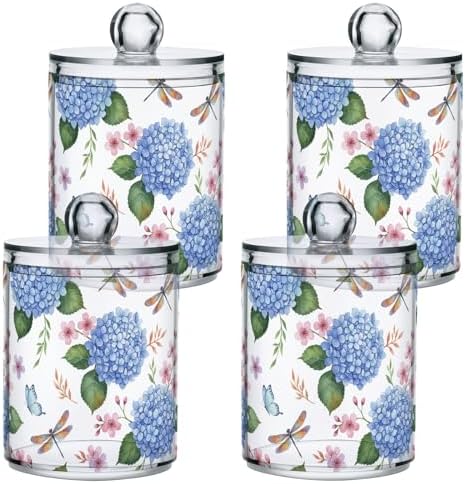 ALAZA Blue Hydrangea Flower Dragonfly Butterfly 4 Pack Qtip Holder Dispenser for Cotton Swabs, Balls, Pads, Floss 10 oz Plastic Canister Organizer
