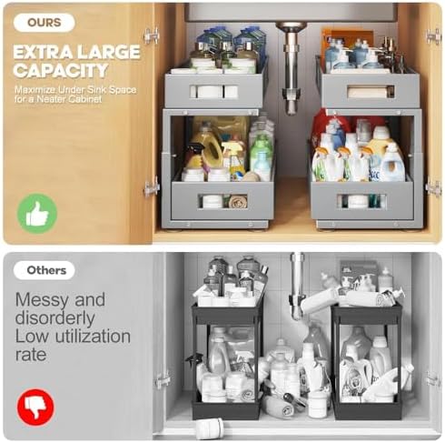 2 Packs 21IN Depth Under Sink Organizer, 2-Tier Pull Out Cabinet Organizer With Smooth Circular Rail, Large Capacity Metal Mesh Sliding Drawers For Bathroom& Kitchen Storage,Height Adjustable-Gun Gray
