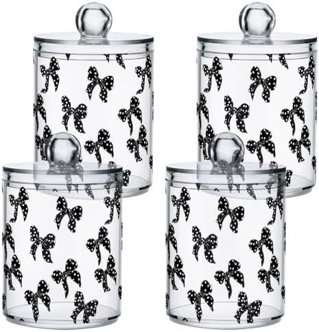 ALAZA 4pcs Black White Bow Polka Dots Qtip Holder Dispenser 14 oz Bathroom Storage Clear Apothecary Jars Containers Cotton Ball,Cotton Rounds,Floss Picks, Hair Clips, Food