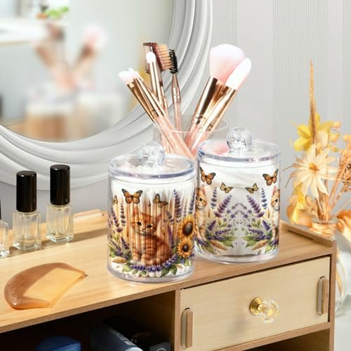 MNSRUU 2 Pack Qtip Holder Organizer Dispenser Cute Ginger Kitten and Flowers Pink Bathroom Storage Canister Cotton Ball Holder Bathroom Containers for Cotton Swabs/Pads/Floss