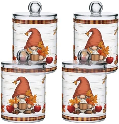 Gredecor 2 Pack Apothecary Jars with Lid Fall Gnome Maple Pumpkins Qtip Holder Dispenser Storage Containers Clear Plastic Cute Fall Autumn Thanksgiving Theme Canisters for Bathroom Vanity Organization
