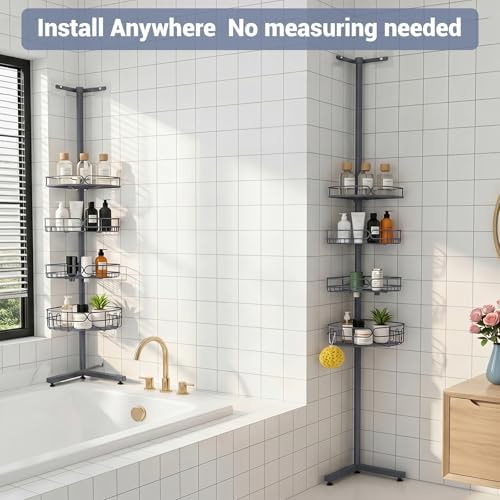 Standing Shower Caddy Corner, 4-Tier Adjustable Height Bathroom Organizer, 6-Section Pole, Sturdy Floor Standing Shelf for Shower – No Drilling, No Spring Tension (Gray)