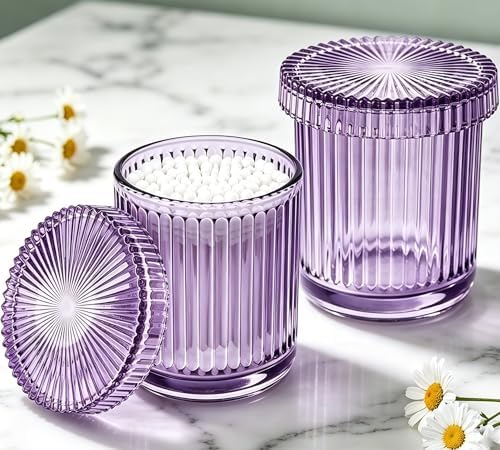 2 Pack Glass Qtip Holder Dispenser Set - Bathroom Organizer for Cotton Swabs, Balls, Pads, Floss Picks - Clear Apothecary Jars for Vanity, Makeup Storage, Bathroom Accessories Decor (Purple)